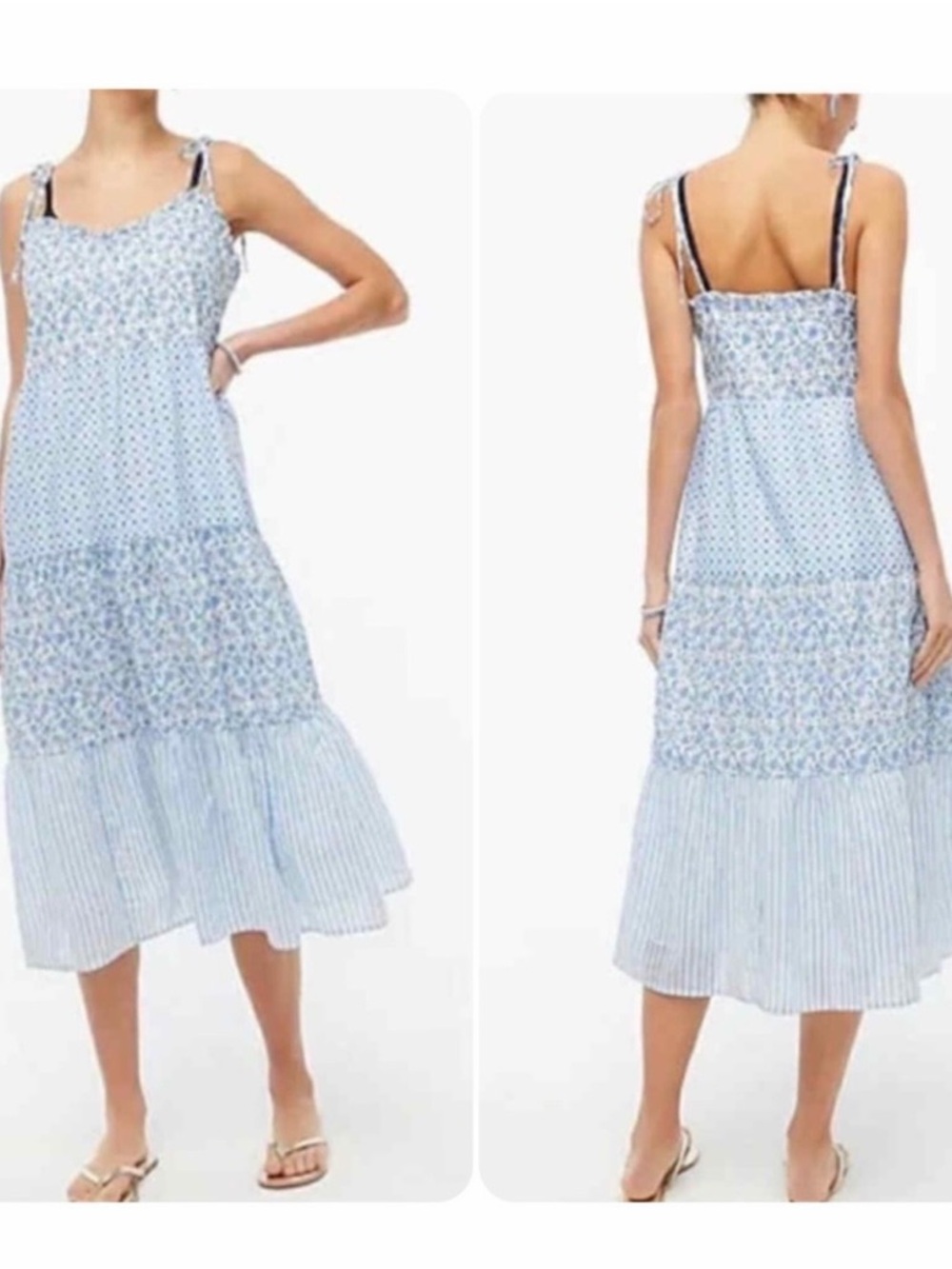 J. Crew Light Blue Floral & Stripe Tiered Midi Dress